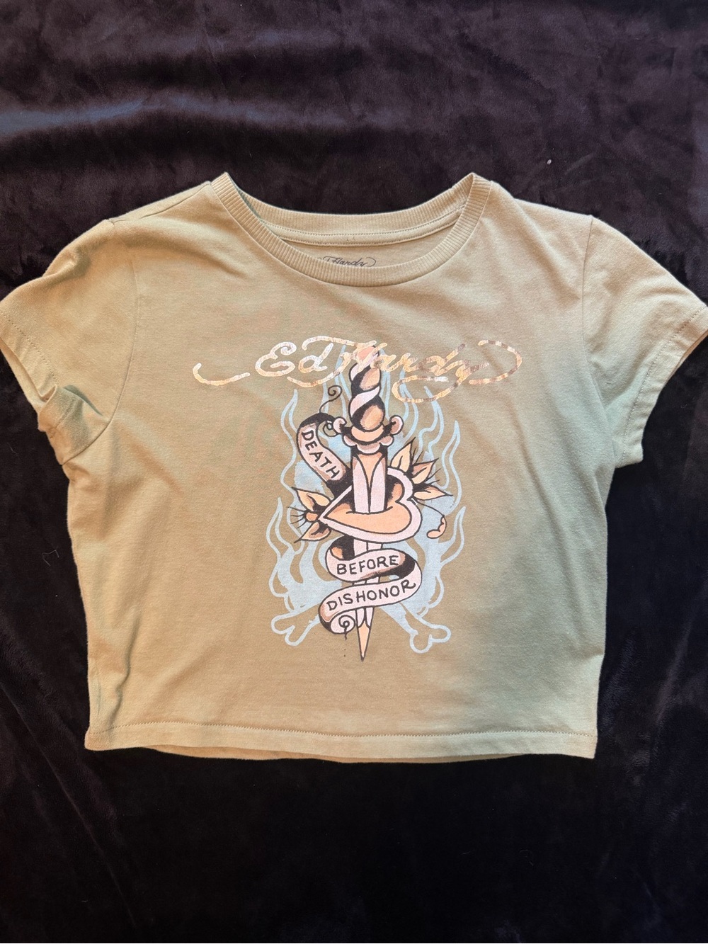 Ed Hardy Olive Green Cropped Short Sleeve Tee